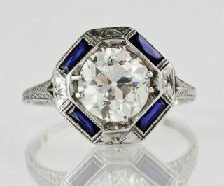Engagement Ring 14k White Gold Over 2 Ct Round Diamond Sapphire Antique Art Deco