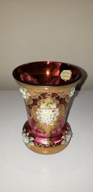 Vintage Bohemian Glass Gold Gilded Raised Enamel Flowers Vase 6 " Height