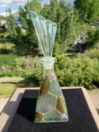 Vtg Art Deco Perfume Bottle Fan Shaped Stopper Frosted Glass/pink & Green