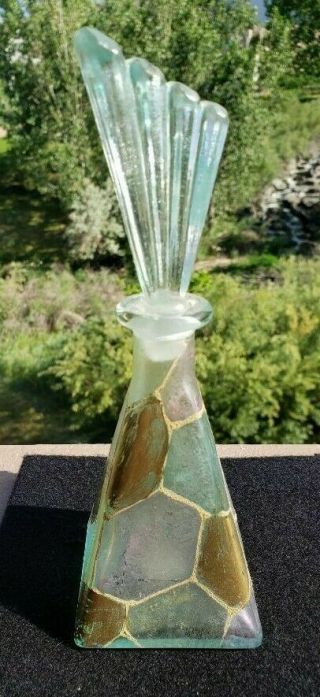 VTG ART DECO PERFUME BOTTLE Fan Shaped Stopper FROSTED GLASS/PINK & GREEN 2