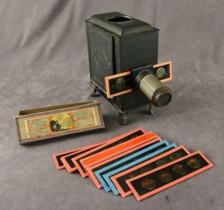Antique Photography Toy Ernst Plank Magic Lantern Projector Lamp & Glass Slides