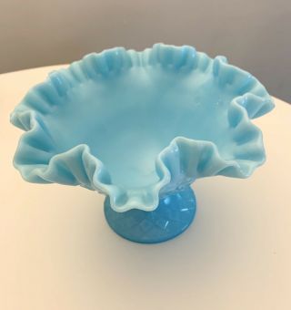 Vintage Fenton Fine Cut And Block Blue Milk Glass Ruffled Footed Candy Bowl Mcm