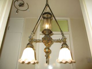 Vintage Art Nouveau Period Counterbalance Brass Ceiling Light With Glass Shades