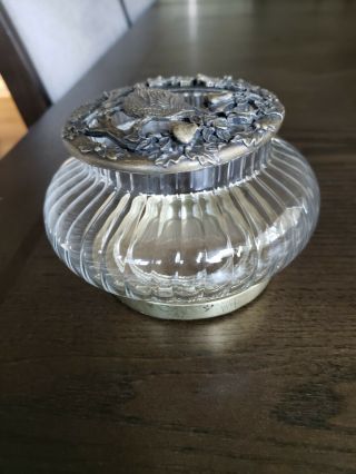 Vintage Glass Potpourri Bowl Pewter Fruit And Bird Lid Decorative