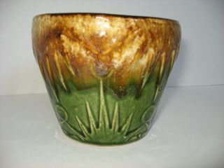 Vintage Cache Pot Pottery Planter Brown Drip Glaze Green Usa