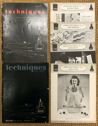 Rare Vintage 1942 & 1948 Higgins Ink Techniques Books,  4 Project Sheets