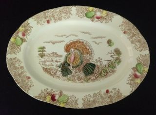 Great Hand Colored Vintage Transferware Ceramic Turkey Platter In