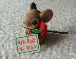 Vintage Josef Originals Fuzzy Flocked Christmas Mouse Figurine Holly/berry Japan