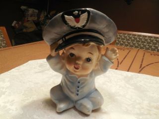 Vtg Relpo A - 1755 Baby Boy In Blue Pilot/officer Head Vase 6 1/2 "
