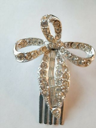 Vintage Silvertone & Cut Crystals Bow Hair Comb Clip Signed Top 2 "