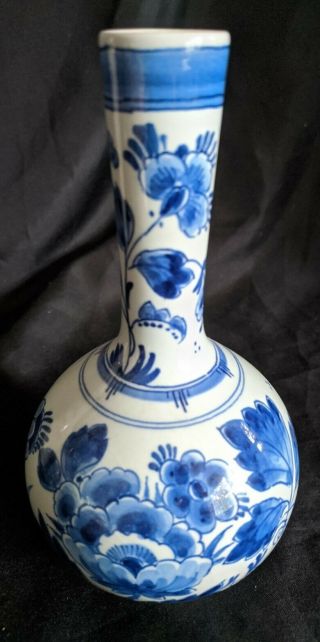Vintage Delft Hand Painted Blue & White Floral Decorated Vase