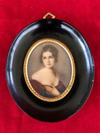 Fine Antique Italian Miniature Portrait Painting Elegant Lady 2 Signed.  C1920