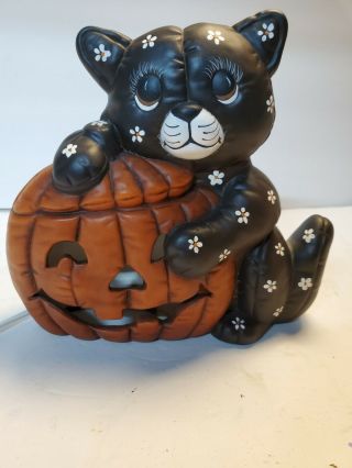 Vintage Halloween Hand Painted Cute Black Cat & Pumpkin Ceramic Light Decoration