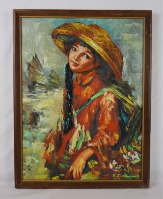 Antique Chinese Mid Century Oil Painting Young Woman Fishing Junk Boats Signed