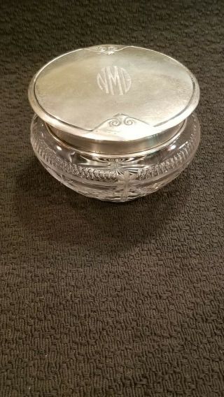 Sterling Silver Lid Gold Washed Inside Dresser Powder Jar Cut Glass Art Deco