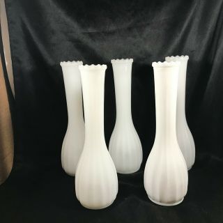 Set Of 5 Vintage Milk Glass Ribbed Wedding Florist Supply Bud Vases