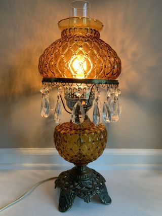 Antique Amber Quilted Glass Hurricane Parlor Lamp W/ Crystals 19”