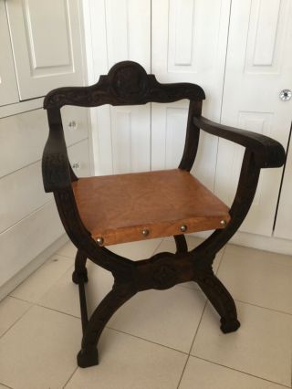 Spanish Carved Savonarola Style Oak Leather X Frame Chair