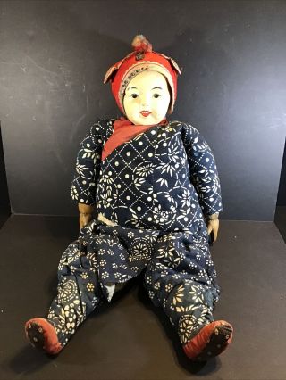 Real Huge 25” Antique Chinese Or Tibetan Cloth Doll 5 Finger