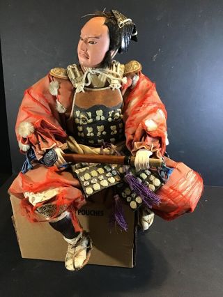 Incredible Large Antique Samurai Doll Japanese Figurine Silk Dress Seated