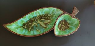 Vintage Treasure Craft 375 Green Ceramic Divided Dish Leaf Shaped Made In Usa