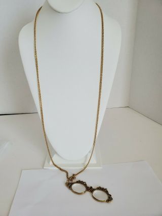Unique Vintage Gold Tone With Rhinestones Magnifying Glasses Pendant Necklace