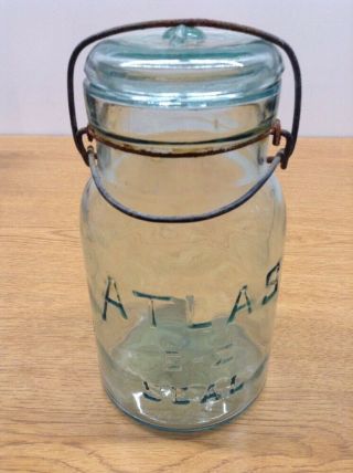 Vintage Atlas E - Z Seal Blue Quart Canning Jar W/ Glass Lid And Wire Bale