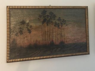 Antique Landscape Oil Painting On Canvas Signed And Dated 1916 Trees Sunset