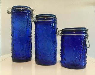 3 Pc.  Vintage Cobalt Blue Glass Canister Set With Bale Wire Seal Lids