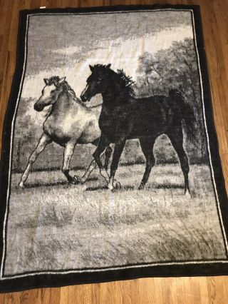 Vintage Biederlack Of America Blanket Throw Black White Horses Reversible 70x51