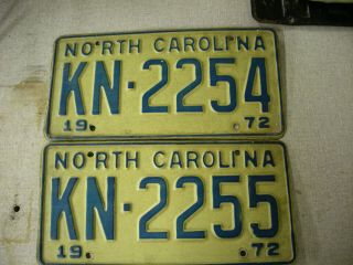 1972 Nc License Plate Tag North Carolina Kn - 2254 And Kn - 2255