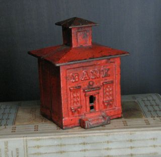 Vintage / Antique Red Cast Iron Still Coin Bank Building 3 - 3/8 " High