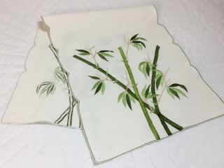 Vintage Table Runner Or Dresser Scarf,  Embroidered Bamboo With Leaves,  Cotton