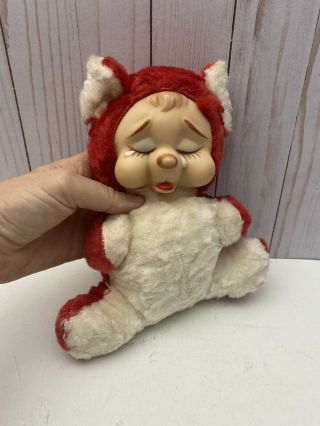 Vintage 1950s Rushton Star Creation Rubber Face Crying Sad Bear Red & White 9”