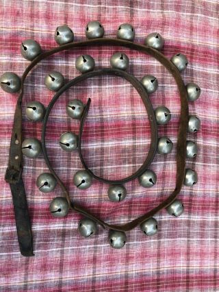 Vintage Antique Horse Sleigh Bells 78 " Leather Strap 30 Jingle Bells