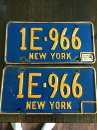 Pair 1972 York License Plate Tag 1e 966 Ny Blue Orange Take A Look
