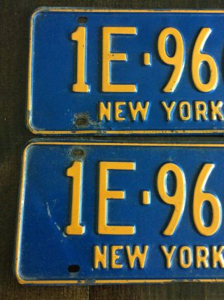 PAIR 1972 York License Plate Tag 1E 966 NY Blue Orange Take A Look 2