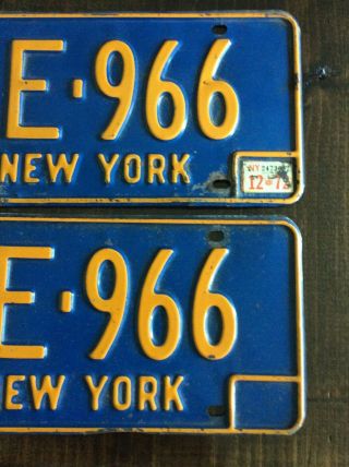 PAIR 1972 York License Plate Tag 1E 966 NY Blue Orange Take A Look 3