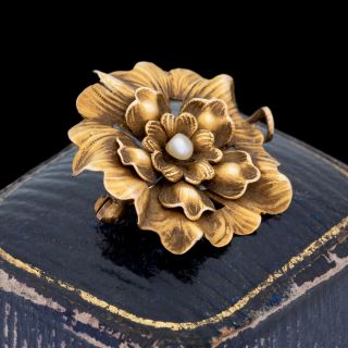 Antique Vintage Art Nouveau 14k Yellow Gold Seed Pearl Floral Flower Pin Brooch