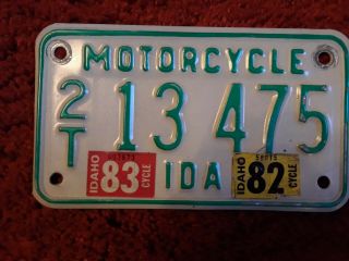 Vintage Idaho Motorcycle License Plate With 1983 & 1983 Year Stickers.