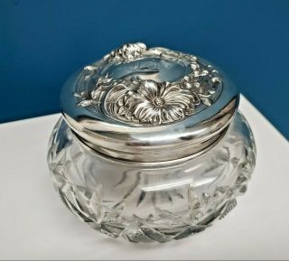 Antique Victorian Sterling Silver Repousse Floral Crystal Trinket Box Powder Jar