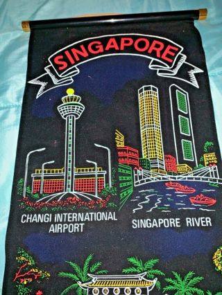 Vintage SINGAPORE Souvenir Painted Black Velvet Wall Hanging Tapestry Scroll 2