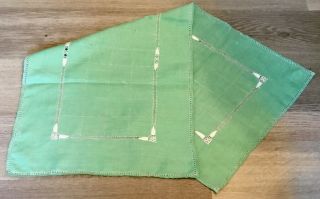 Vintage Table Runner Or Dresser Scarf,  Green,  Linen,  White Cut Work Design