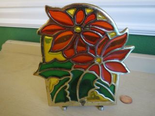 Vintage Cast Iron Stained Glass Christmas Poinsettia Candle Holder