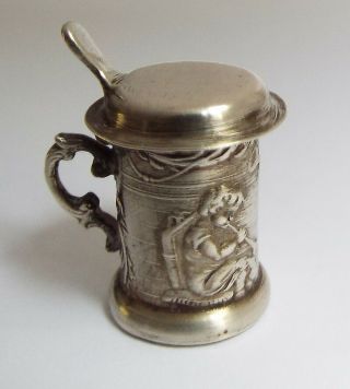 Lovely Scarce Novelty Miniature Antique C.  1900 Solid Silver Lidded Beer Stein