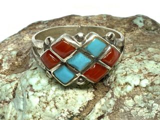 Vintage Native Southwest Sterling Silver Turquoise Coral Inlay Ring (size 6.  75)