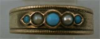 Antique 375 (9k) European Yellow Gold Ring With Turquoise And Pearls Made By T&s