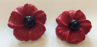 Vintage Large Poppy Flower Clip Back Earrings With Bead Red Black 1950’s