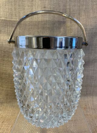 Vintage Clear English Diamond Point / Hobnail Ice Bucket With Silver Handle