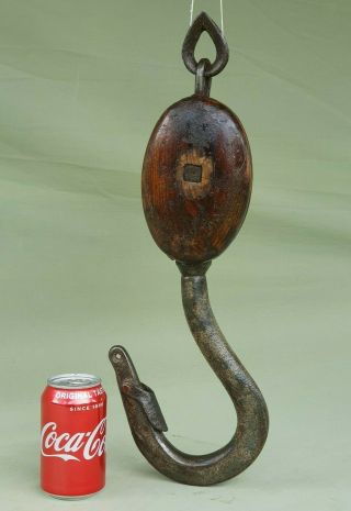 Vintage Wooden Ships Single Rope Pulley Block With Hook Marine Nautical Boat 2